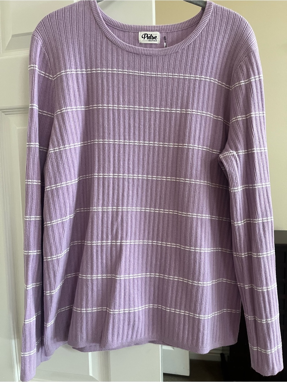Pulse Lilac Ribbed Crewneck Sweater with White Stripes
